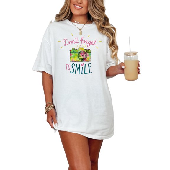 Don't forget to smile graphic T-shirt, Colorful camera design tee, Positive message shirt, Vibrant inspirational top, White Comfort Colors T-Shirt, Small