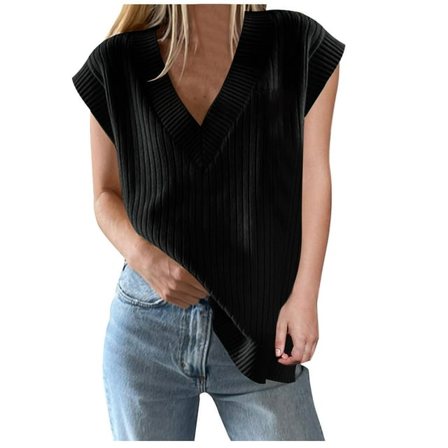 FAIWAD Women's V Neck Sweater Vest Sleeveles Casual Ribbed Knit Tank Tops Trendy Fall Winter Pullover Tops