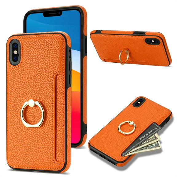 Allytech iPhone XR Wallet Case, iPhone XR 6.1" Cover, PU Leather Ring Holder Stand Shockproof Anti-Scratch Slim Fit Shell Phone Case Cover for Apple iPhone XR - Orange