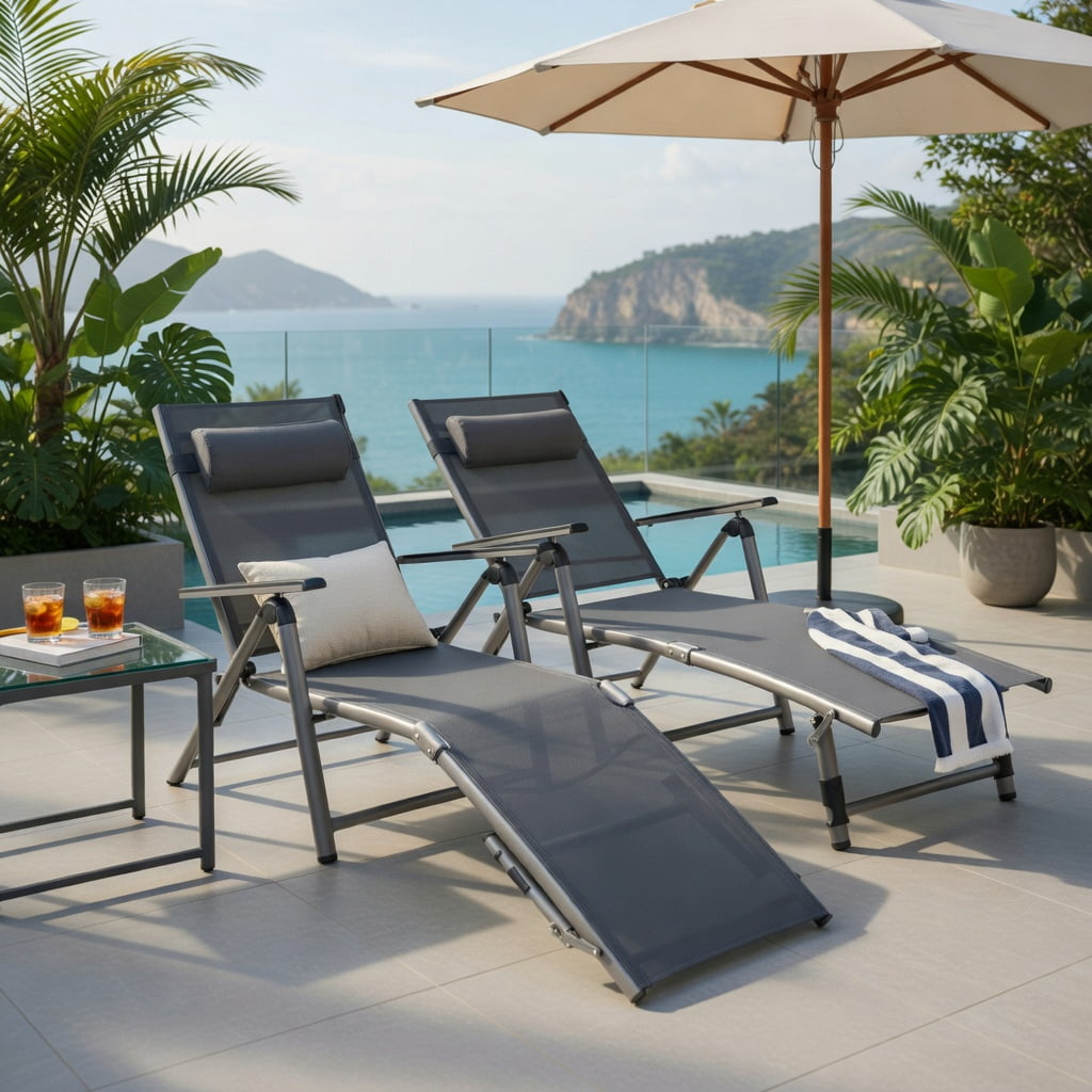 Hommoo Outdoor Aluminum Chaise Lounge Chair, 8-Position Adjustable Recliner with Quick-Dry Mesh Fabric, Foldable & Rust-Resistant for Patio, Poolside or Backyard, Gray