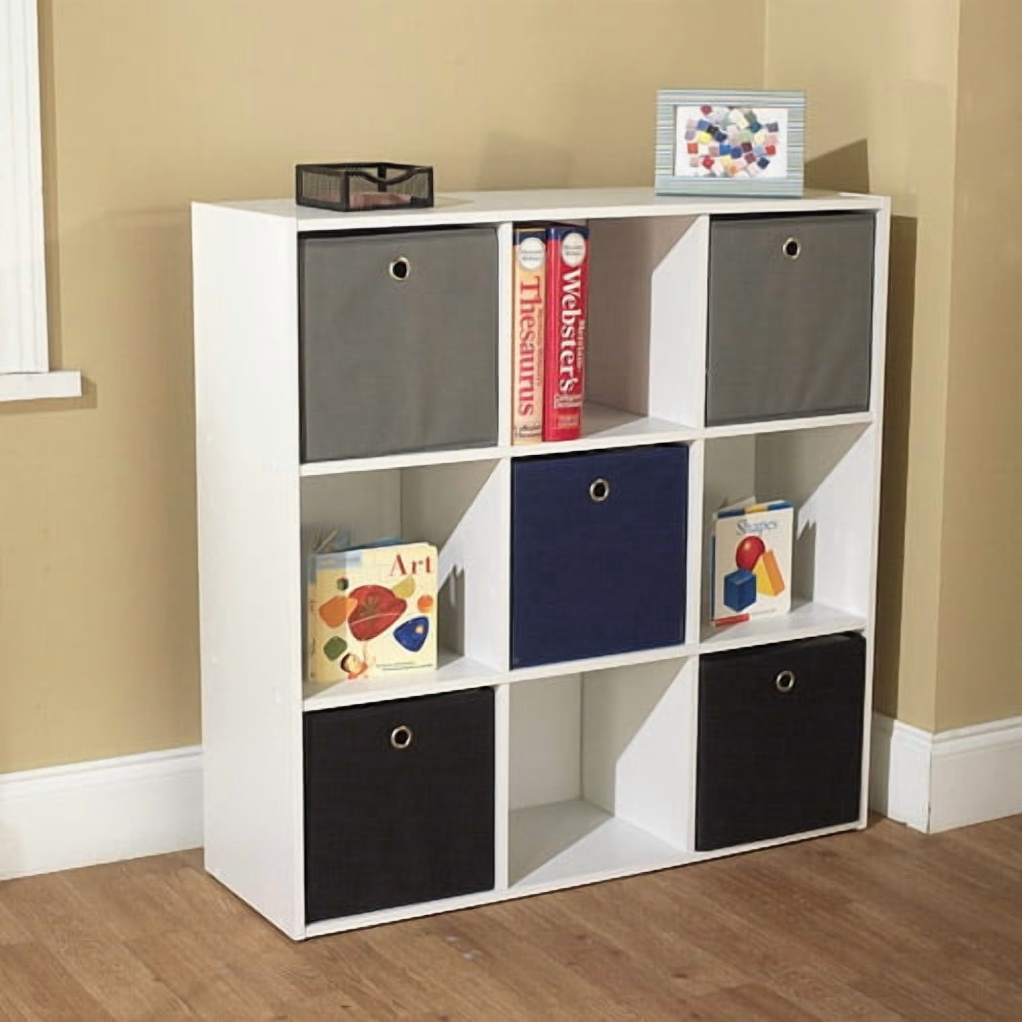 TMS Utility Kids Wood Bookshelf with 5 Foldable Fabric Storage Bins, Multi-color