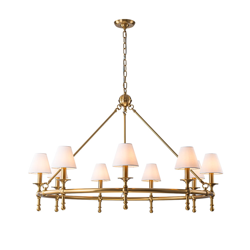 47” Extra Large 9-Light Vintage Brass Chandelier with White Fabric Shades – Classic Pendant Ceiling Light for High Ceilings, Dining Room, Foyer, Entryway