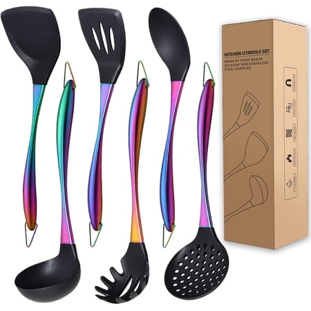 Kitchen Utensils Set, Large Non-stick Silicone Cooking Utensils Set 6 Pcs,Made of 446°F Heat Resistant Food Grade Silicone and Stainless Steel Handles,Easy to Clean Kitchen Gadgets Set (Rainbow)