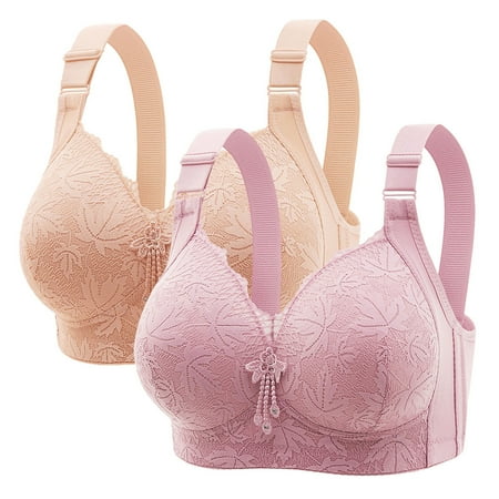 Gnurob Womens Wireless Push Up Bra 2 Pack Sexy Lace Bralette Beauty Back Bras Adjustable Strap Brassiere Full Coverage T-Shirt Padded Underwear Everyday Wear Clearance Saving Pink 44