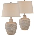 thumbnail image 2 of Glenn Rustic Southwestern Style Pot Table Lamps 27" Tall Set of 2 Dappled Sandy Beige Oatmeal Fabric Drum Shades for Living Room Bedroom House Bedside Nightstand Home Office, 2 of 14