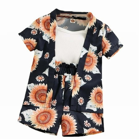 

Girl s Clothes Outfits Casual Baby Toddler Kids Sets Children s Sunflower Print Cardigan Camisole Shorts Three Piece Children s Suit Comfortable Outerwear Suits Black 2-3Years