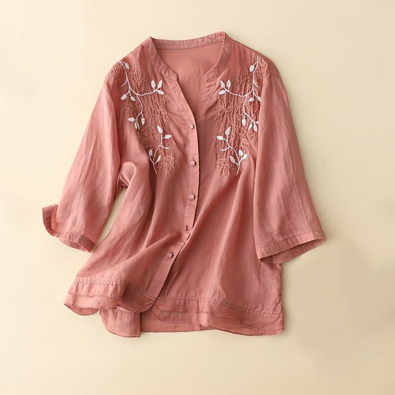Frostluinai Button Down Tops for Women Cotton Linen Vintage Embroidery T Shirts Casual 3/4 Sleeve Shirts Fashion Side Split Tees