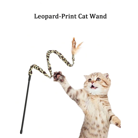 Leopard Print Cat Teaser Wand With Feather, Multicolor Polyester Fiber, Interactive Toy For Cats