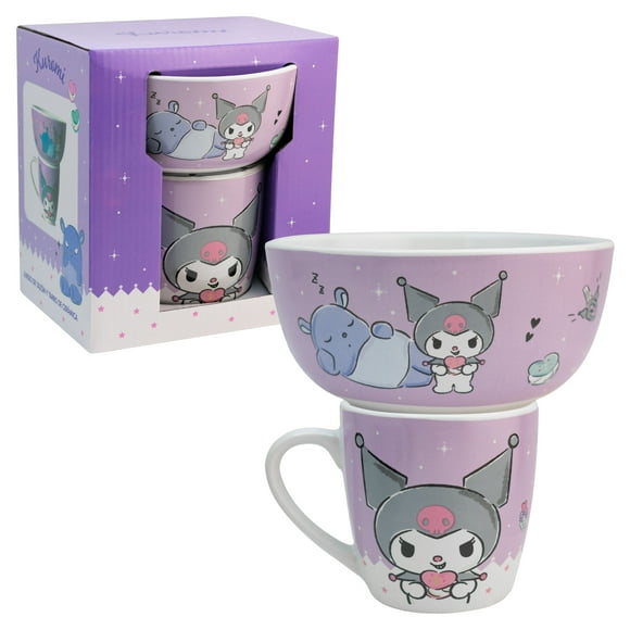 Set Desayuno Individual, Vajilla Porcelana 2 Piezas, Diseño Kuromi Sanrio con Caja de Regalo
