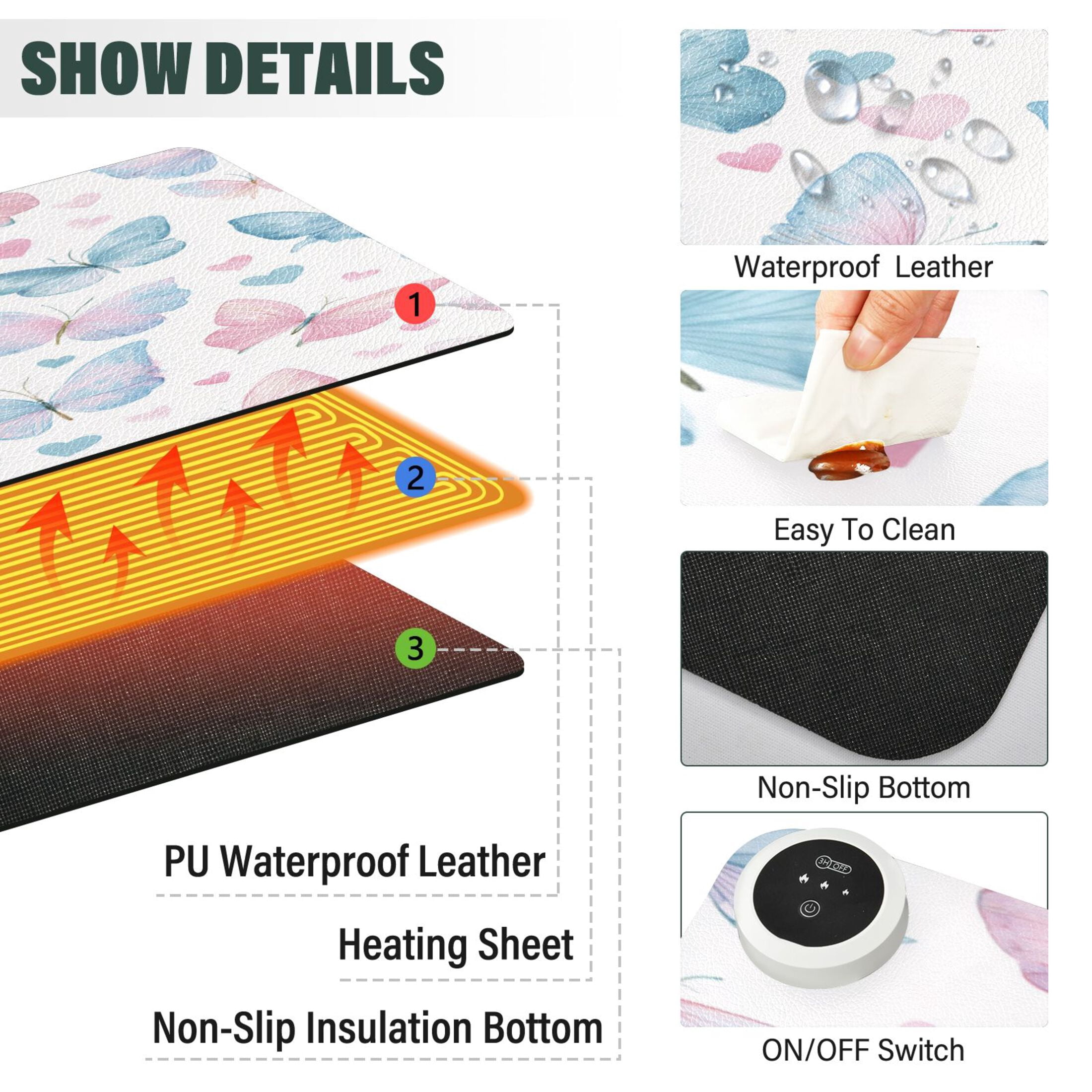 Large Heated Desk Mat Mouse Pad 31.5"x13"PU Leather Graphene Heating Desk Warmer with 3 Temperature Settings 110V US Plug Non-Slip Warm Pad for Home, Office, and Gaming Gentle Pastel Butterfly Print