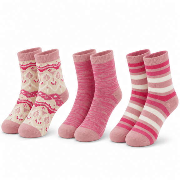 Muk Luks Kids Heat Retainer Boot Socks, 3 Pack, Warm Thermal Cushioned Crew Socks, PINK, M/L