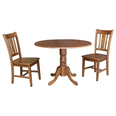 42" Solid Wood Dual Drop Leaf Pedestal Dining Table With 2 San Remo Side Chairs in Distressed Oak by International Concepts