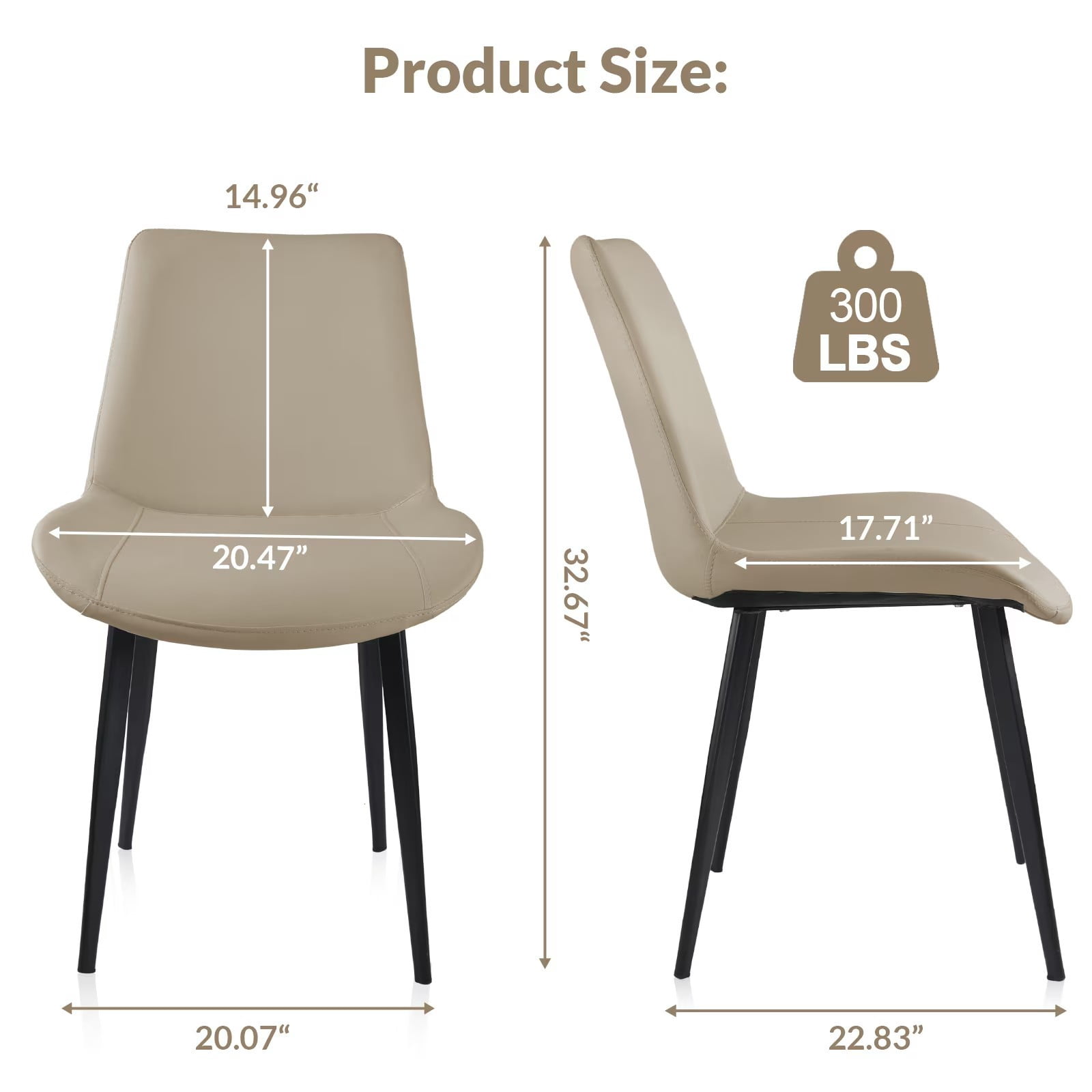 Tan PU Leather Dining Chairs Set of 2, Modern Upholstered Kitchen Chairs with Metal Legs, Armless Side Chairs for Dining Room, Restaurant, Living Room & Meeting Room