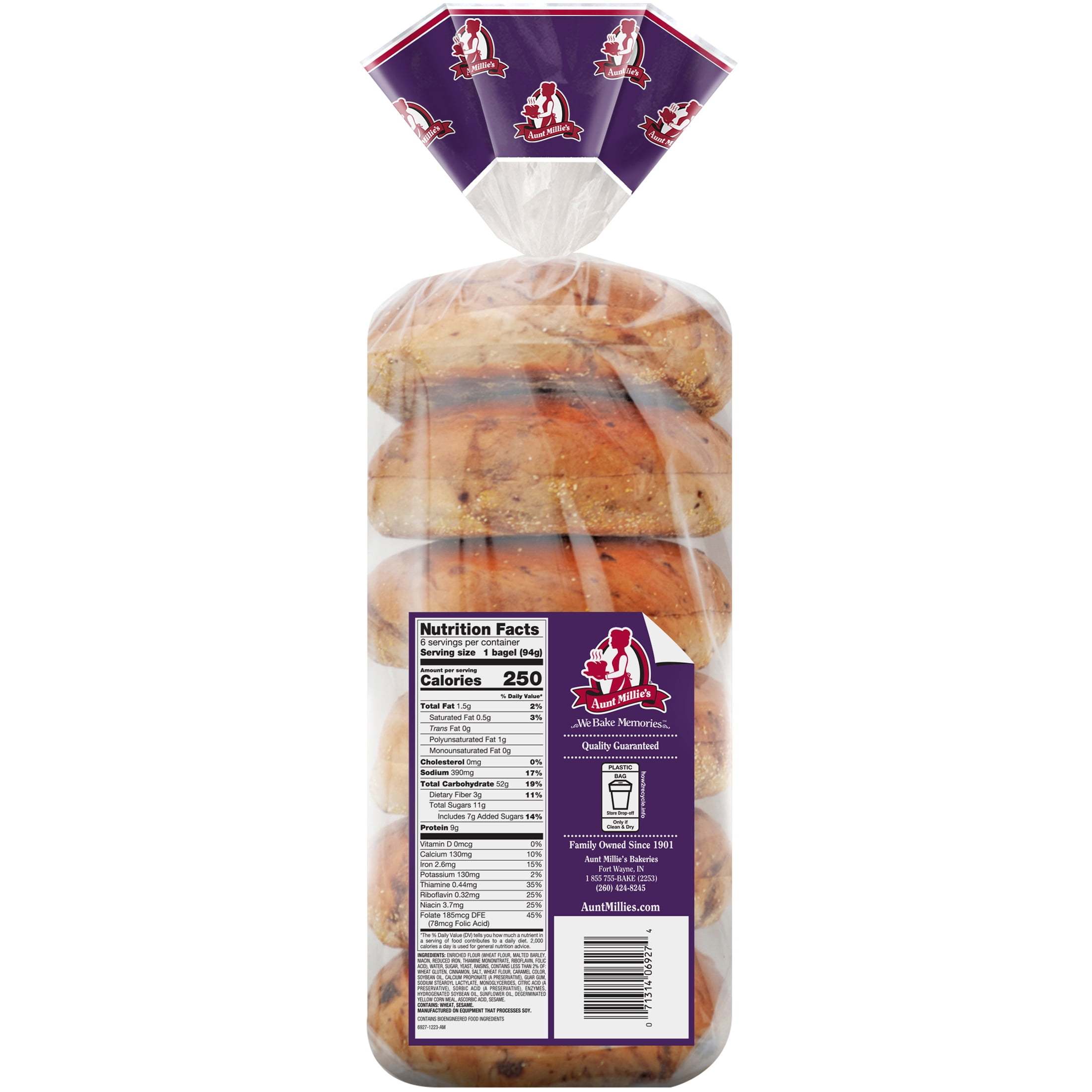Aunt Millie's Bagels, Cinnamon Raisin, 6 Ct., 20 oz.