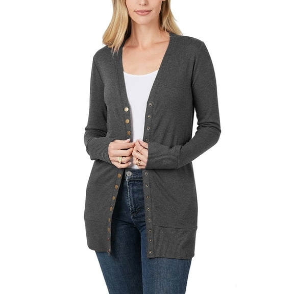KOGMO Womens Long Knit Cardigan Sweater with Pockets and Snap Buttons Detail