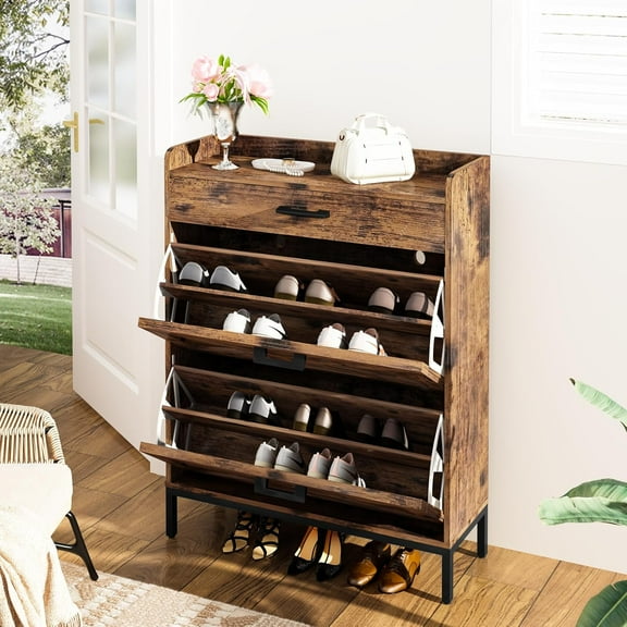 Baxluxe Shoe Cabinet with 2 Flip-Down Drawers & 4 Tiers 16 Pairs Wooden Shoe Rack for Entryway Freestanding Shoe Rack for Closet,Hallway, Closet, Dorm, Retro