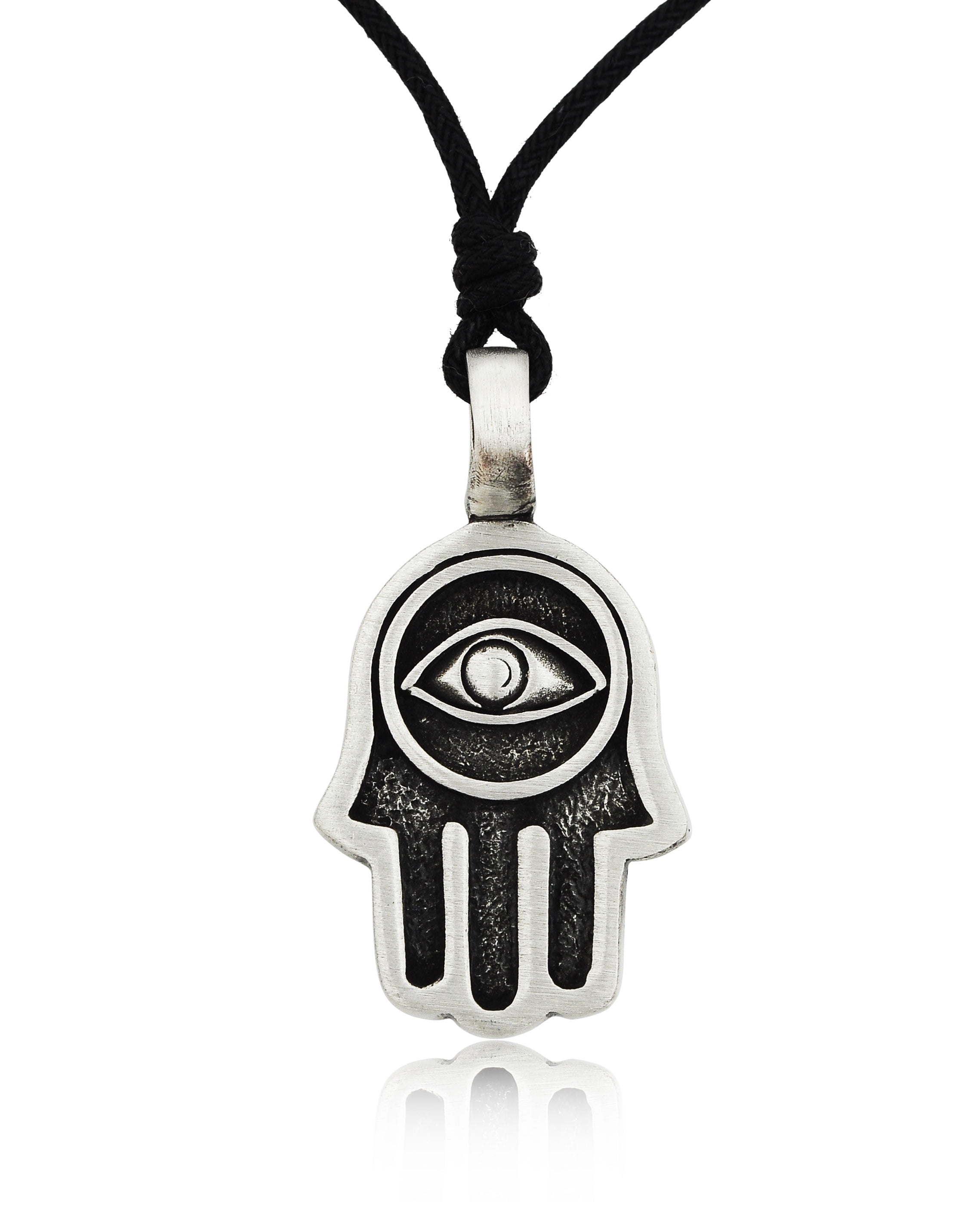 Black Handmade Jewish Hamsa Hand of God Silver Pewter Charm Necklace Pendant Jewelry With Cotton