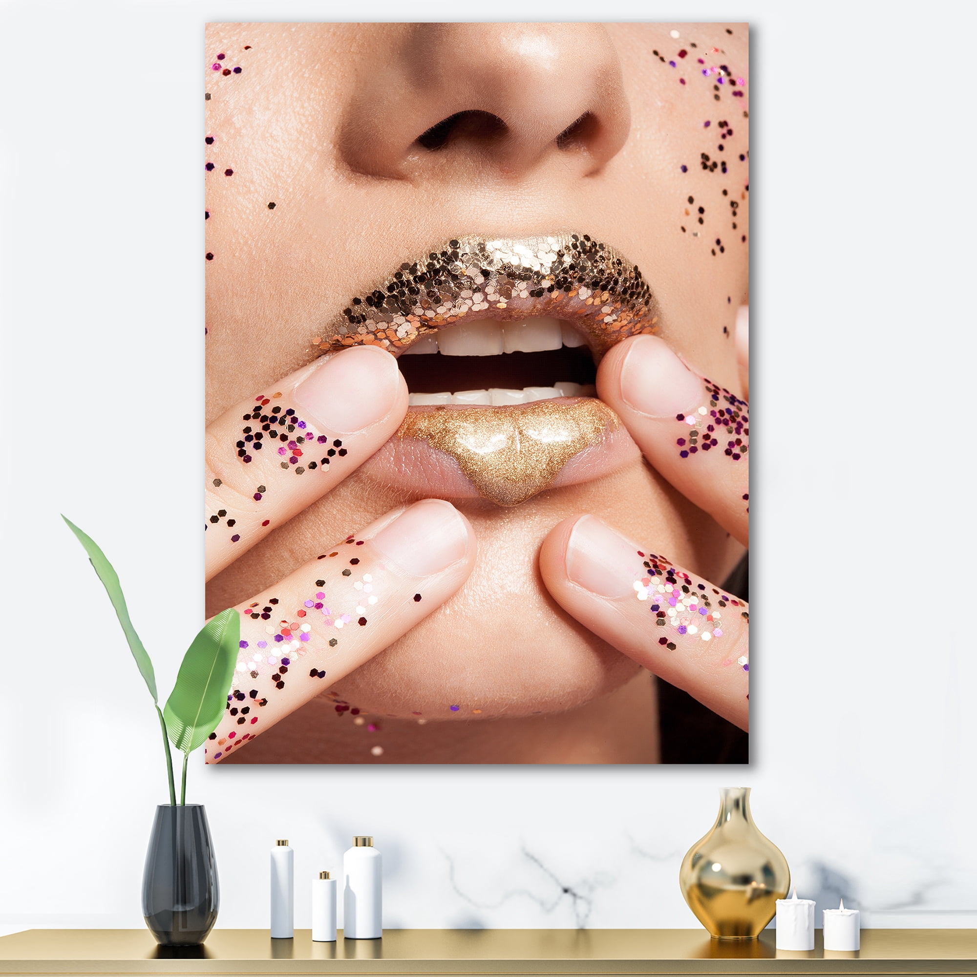 Designart ' Female With Golden Lips and Glitter On Her Hands ' Modern Canvas Wall Art Print