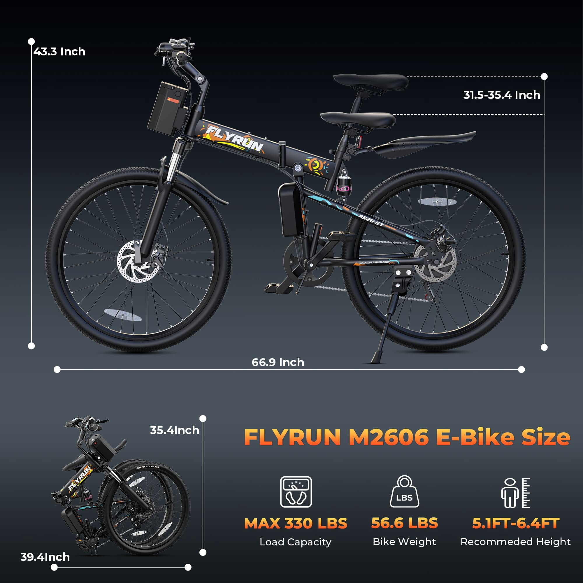 FLYRUN 26" Electric Bike,7-Speed City Bicycle for Adults,Foldable Ebike with Peak 750W Motor,48V 374.4Wh Removable Battery,LCD Display,Full Suspension,Up to 20 MPH,UL2849