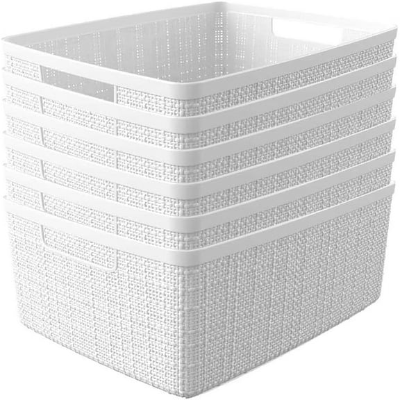 Set of 6 Jute Medium Decorative Plastic Organization and Storage Baskets, Perfect Bins for Home Office, Closet Shelves, Kitchen Pantry and All Bedroom Essentials, White