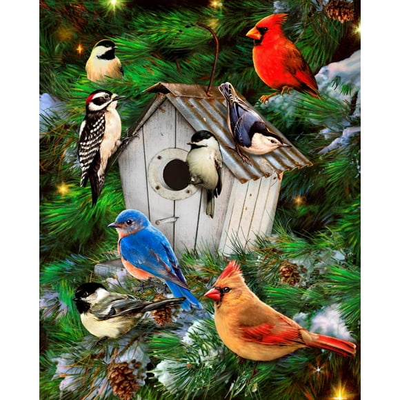 David Textiles Nichoirs et Pins avec Beaucoup d'Oiseaux Panneau Tissu en Coton