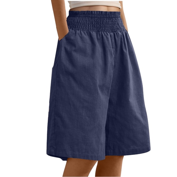 Karight Bermuda Shorts For Women Knee Length Wide Leg Summer Casual Long Linen Shorts Baggy High Waisted Short With Pockets