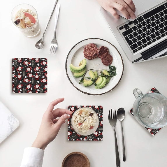 FMSHPON Merry Christmas Santa Claus Set of 6 Coaster for Drinks, Absorbent Ceramic Stone Coasters Cup Mat with Cork Base for Home Kitchen Room Coffee Table Bar Decor