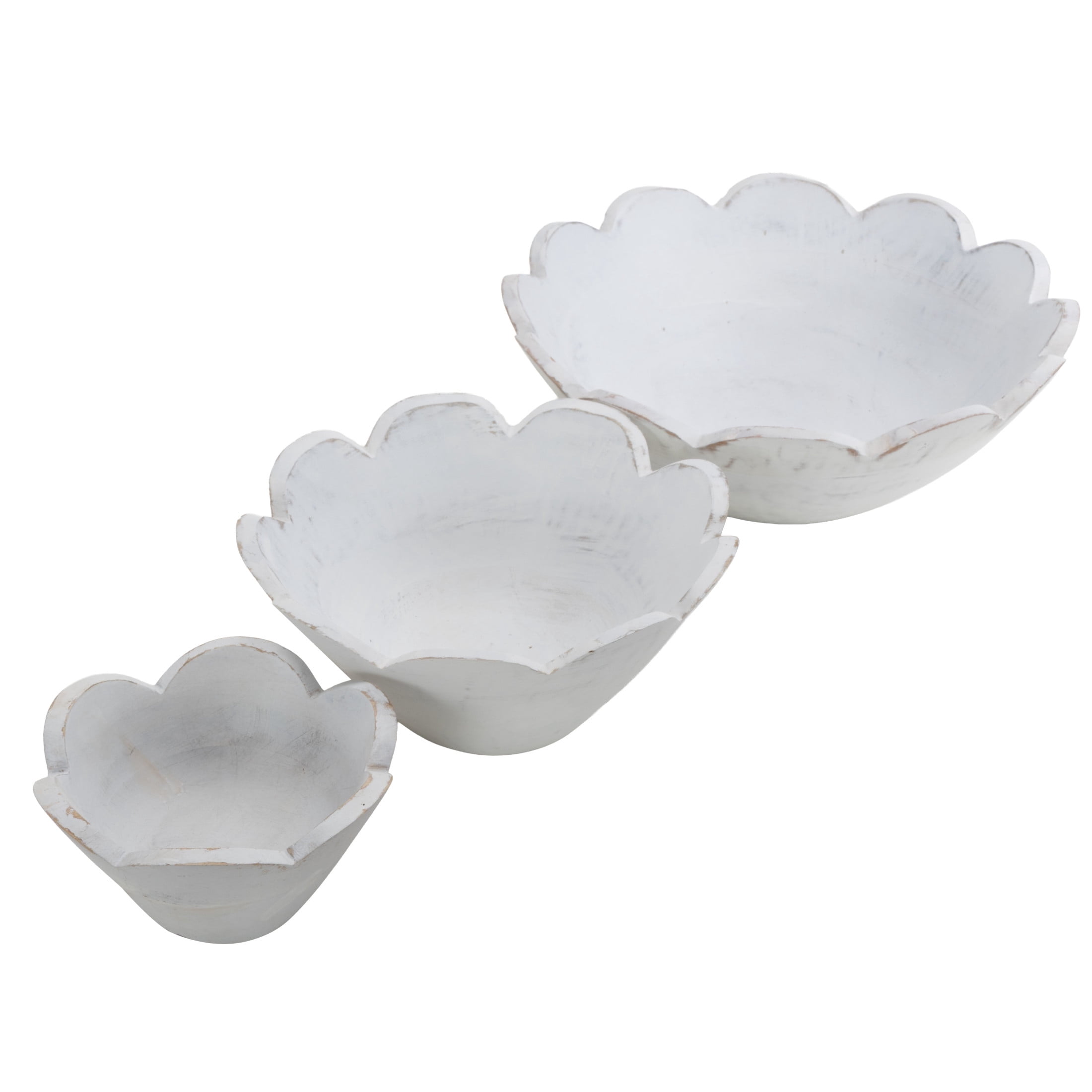 DecMode 12", 9", 6"W Handmade Round Floral White Mango Wood Decorative Bowl, Set of 3