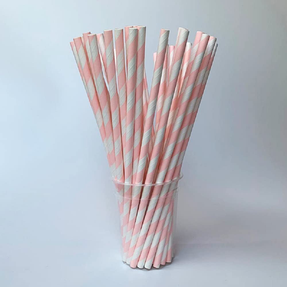 Light Pink and White Stripe 100 Pack Paper Drinking Straws Great for Parties 