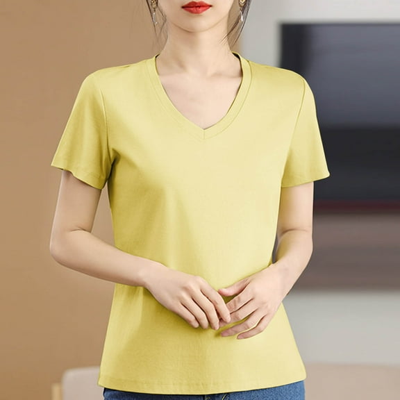 QUNYINEY Solid Women's T Shirts V Neck Casual Short Sleeve Tops Pullover Loose Breathable Cotton Shirts
