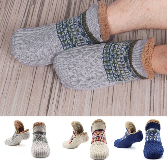 Naierhg Thermal socks 1 Pair Short Tube Rhombus Twist Texture Non-slip Bottom Floor Socks Unisex Winter Patchwork Color Thickened Fleece Lining Snow Socks Beige