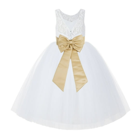 Ekidsbridal Girl Bridal Flower Girl Dress - V-Back White Lace Tutu with Tiebow 212noFT-A (Size: 2-10)
