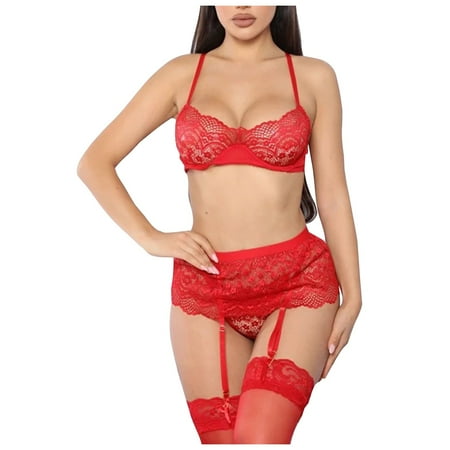 

EHTMSAK Teddy Ruffle Bra and Panty Sets for Women Lace Lingerie Set Sexy Babydoll Lingerie with Garter Red M