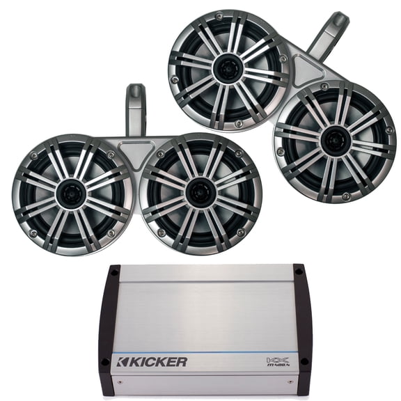 Kicker White Marine Dual Wake Tower System w/ 4 Silver 6.5 Speakers, Kicker 40KXM400.4 400 Watt Amplifier