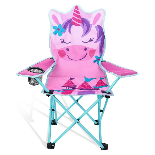 KABOER Silla plegable para niños al aire libre con portavasos y bolsa de transporte, sillas de camping para niños para viajes en la playa al aire libre (unicornio rosa)