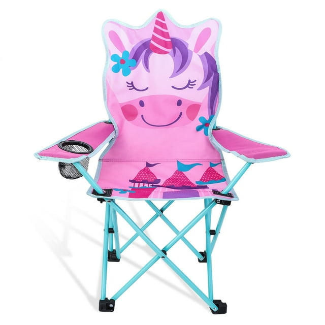 KABOER Silla plegable para niños al aire libre con portavasos y bolsa de transporte, sillas de camping para niños para viajes en la playa al aire libre (unicornio rosa)