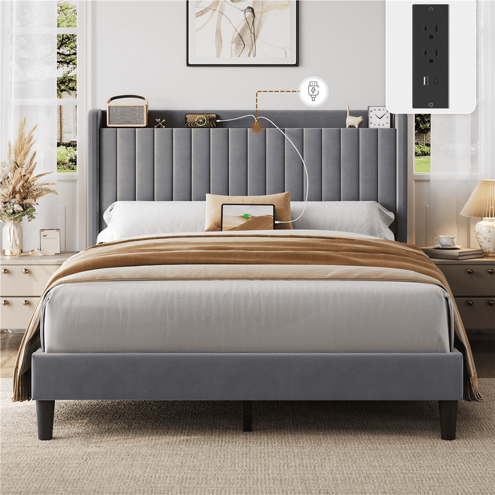 Renwick Upholstered Platform Queen Bed with Charging Outlets and USB Ports, Light Gray, Adult