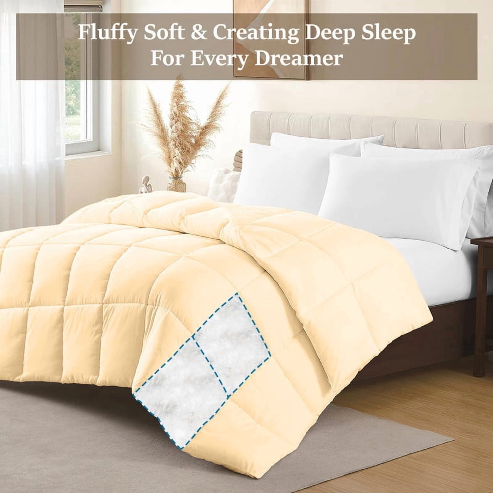 100% Cotton All-Season Comforter - Box Stitched Comforter - Bedding with Corner Tabs Machine Washable Lightweight Color Beige Solid Pattern Size Oversized Queen (98"x98")