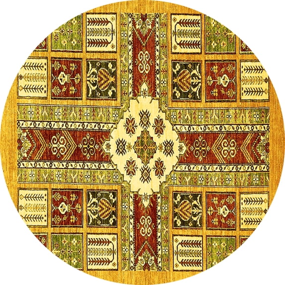 Ahgly Company Machine Washable Indoor Round Abstract Yellow Modern Area Rugs, 7' Round