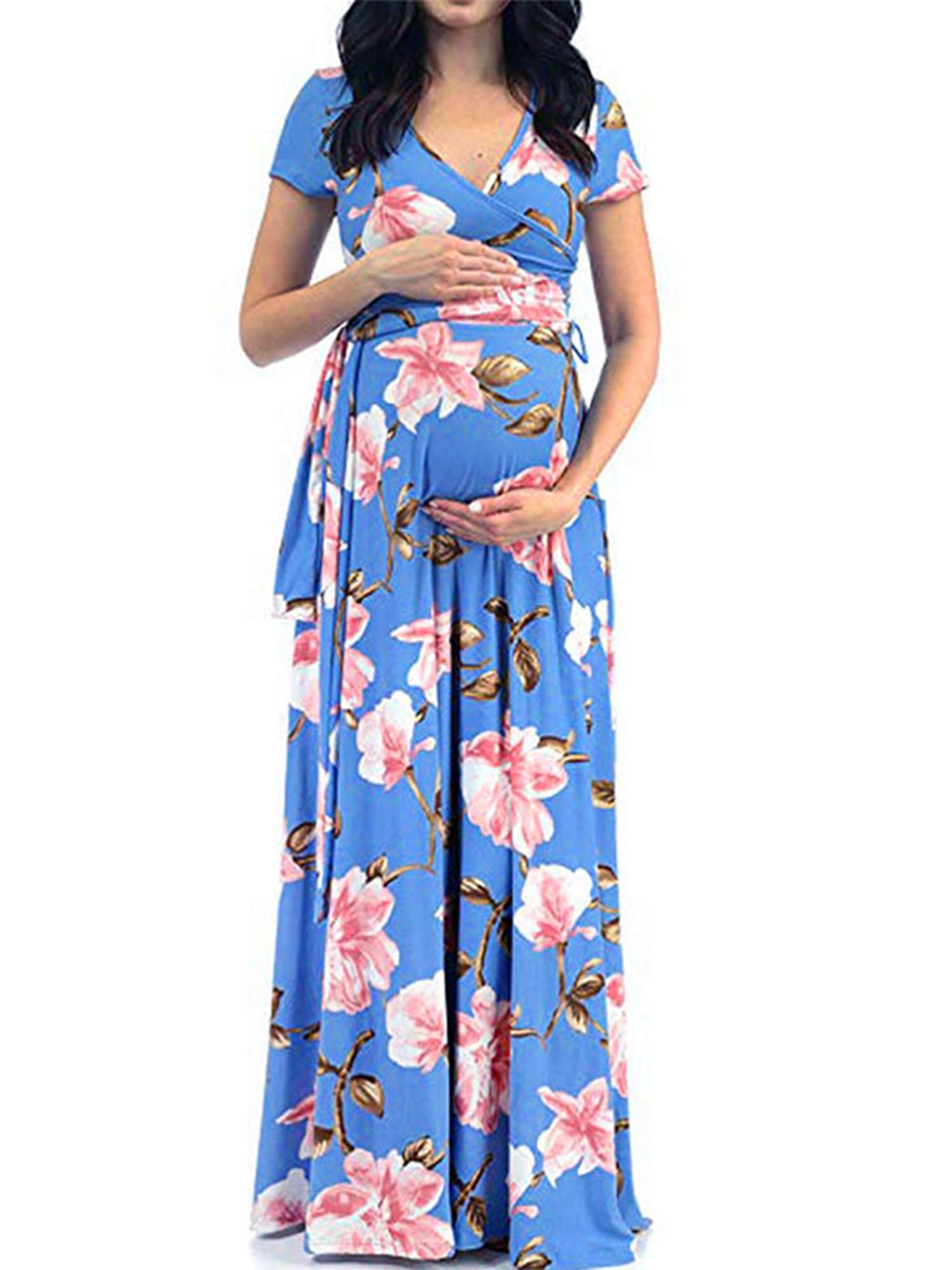 Women Maternity Split Long Maxi Dress Short Sleeve Pregnant Nursing Casual Dress 