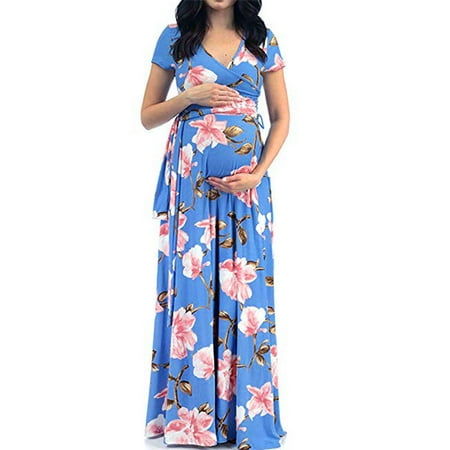 

UKAP Maternity Short Sleeve Dress with Belt for Baby Shower or Casual Wear Boho Floral Print Maxi Dress