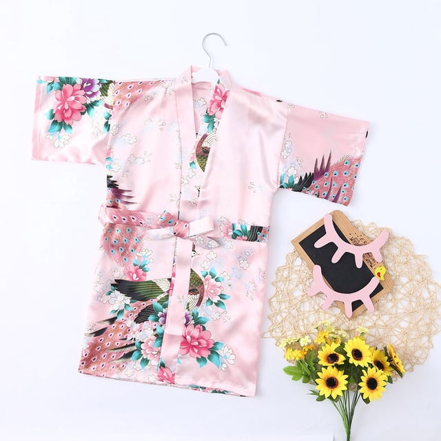 LSLJS Toddler Baby Kids Girls Flower Print Silk Satin Kimono Robes Bathrobe Sleepwear Clothes Coat, Girls Robe