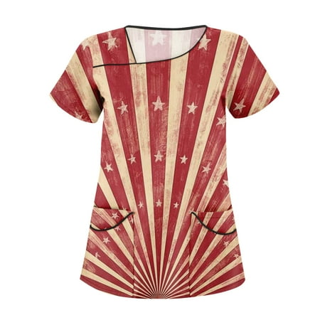 

XHJUN Scrub Tops Women Stretchy Clearance American Flag Print Scrub Tops V-Neck Independence Day T Shirts Workwear Nurse Uniform Tee with Pockets Wine XXXXL