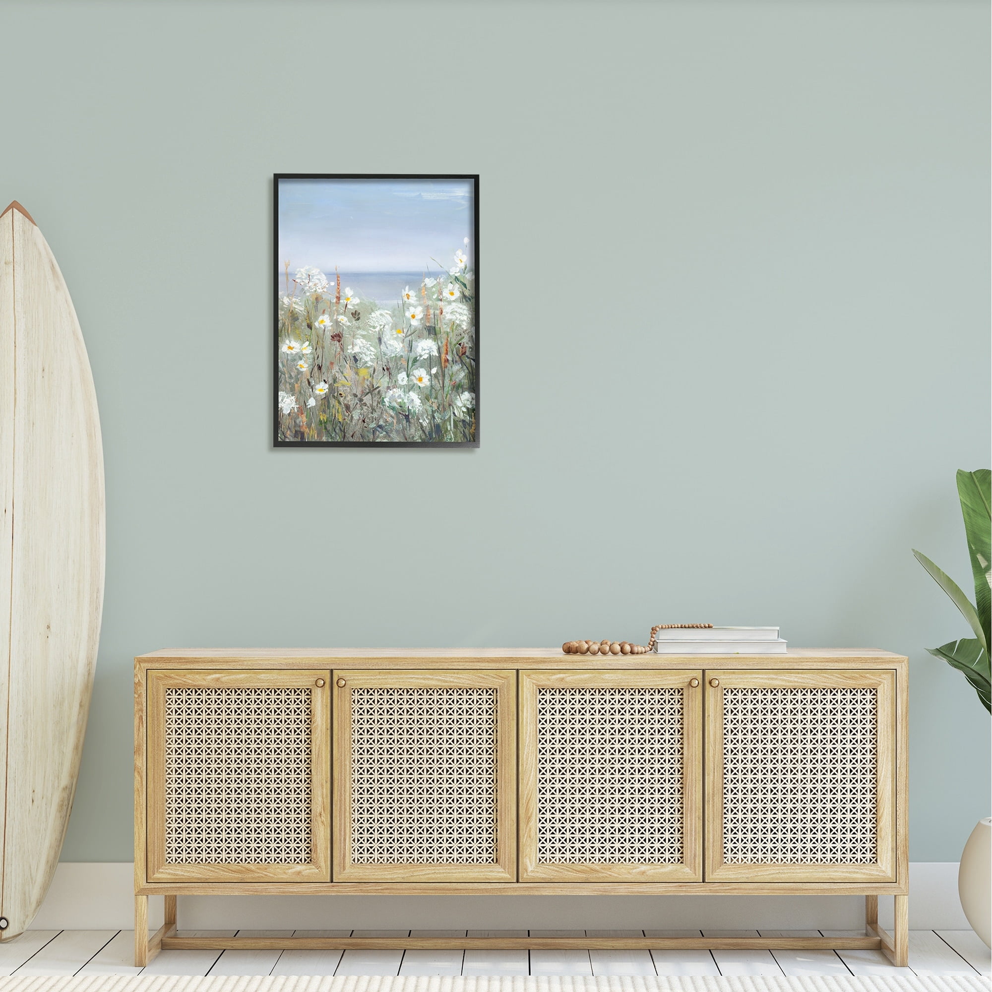 Stupell Industries Spring Daisy Flower Blooms Beachside Ocean View Painting Black Framed Art Print Wall Art, Design by Sally Swatland