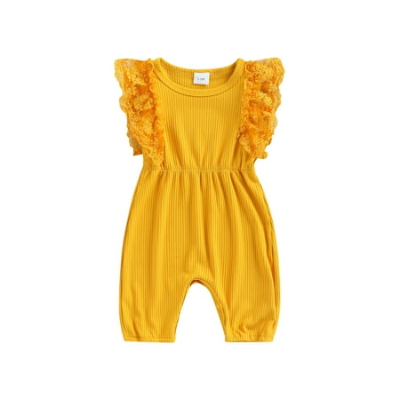 

Suanret Toddler Baby Girls Jumpsuit Sleeveless Crew Neck Patchwork Solid Summer Romper Bodysuit Yellow 9-12 Months