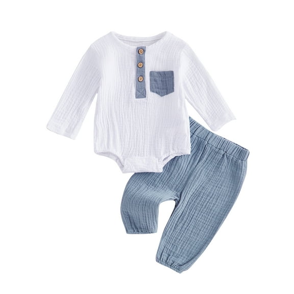 Baby Toddler Boys 2PCS Outfit 0 3 6 12 18 Months Long Sleeve Crew Neck Contrast Color Romper Solid Color Pants Clothing Sets