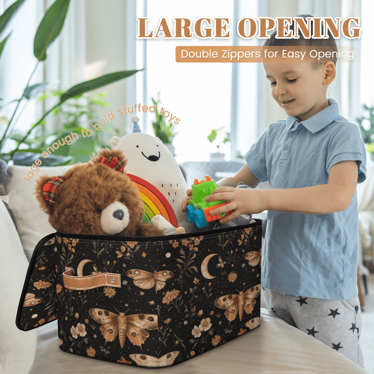 ADECORIVY Butterfly Storage Bin with Lid Fabric Moth Floral Moon Foldable Storage Baskets Boxes for Clothes Shelves Closet Organizer Containers with Leather Handles for Wardrobe