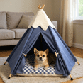thumbnail image 2 of Blue Pet Teepee, 23.6 in / 60 cm Small Dog Tent & Cat Bed with Removable Cushion, Plush Top, Foldable Pet Tent for Indoor and Outdoor, Portable Dog House with Wooden Frame, Easy to Assemble, 2 of 8