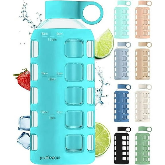 purifyou 40/32/22/12 oz Borosilicate Glass Water Bottles with Times to Drink and Volume, Silicone Sleeve & Stainless Steel Lid Insert, Reusable for Fridge Water, Milk, Fruit Juice (Aqua Blue, 22 oz)