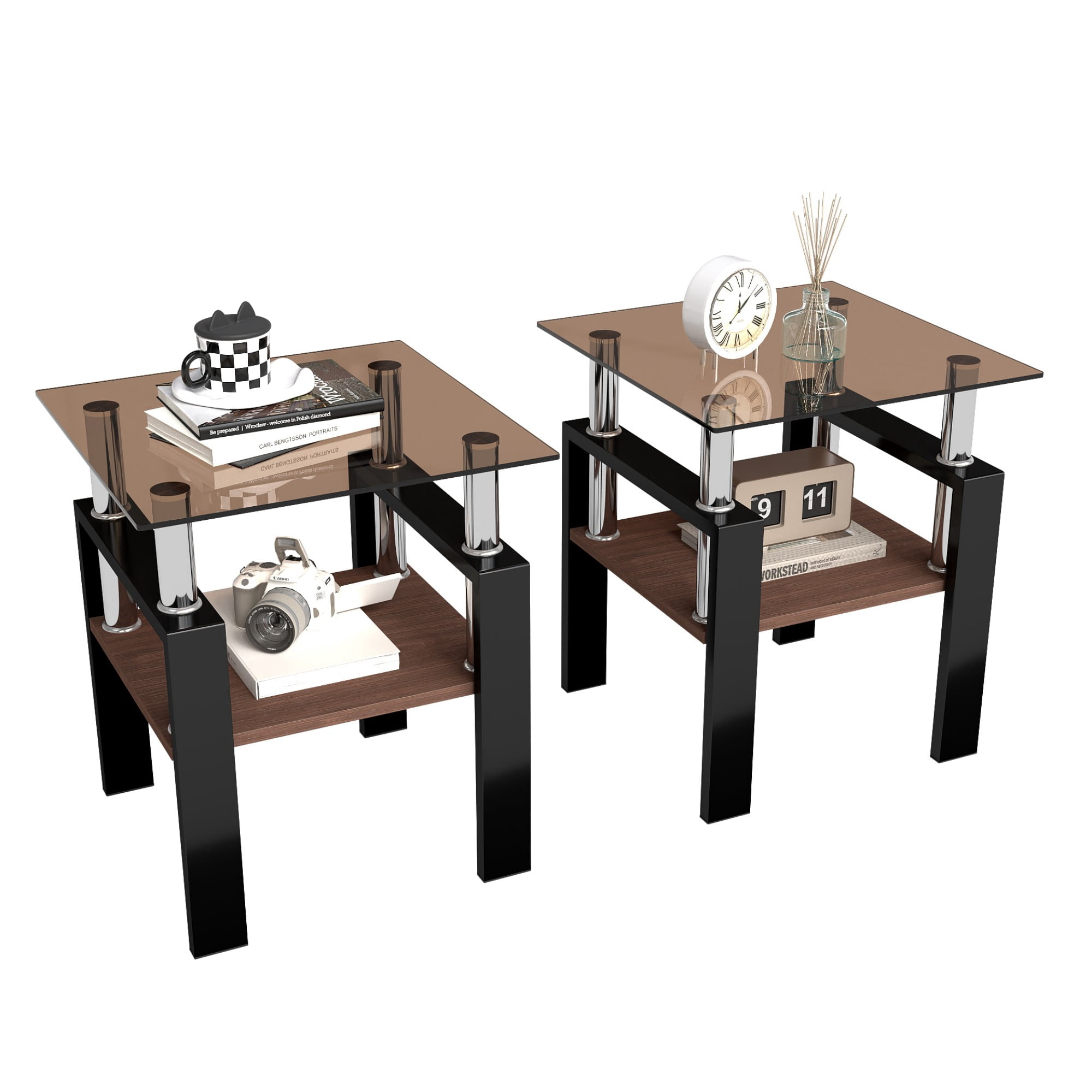 Euroco Set of 2 Modern Tempered Glass Tea Table ,Tempered Glass Tabletop with MDF Layer,Coffee Table,End Table, Square Table for Living Room, Brown/black